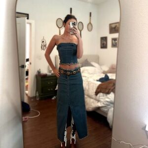 Motel Rocks Blue Denim Maxi Skirt and Strapless Top Set